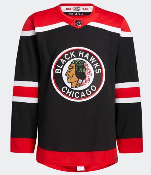 The front of an authentic black Chicago Blackhawks Jersey for sale at Gunzo's in Chicago