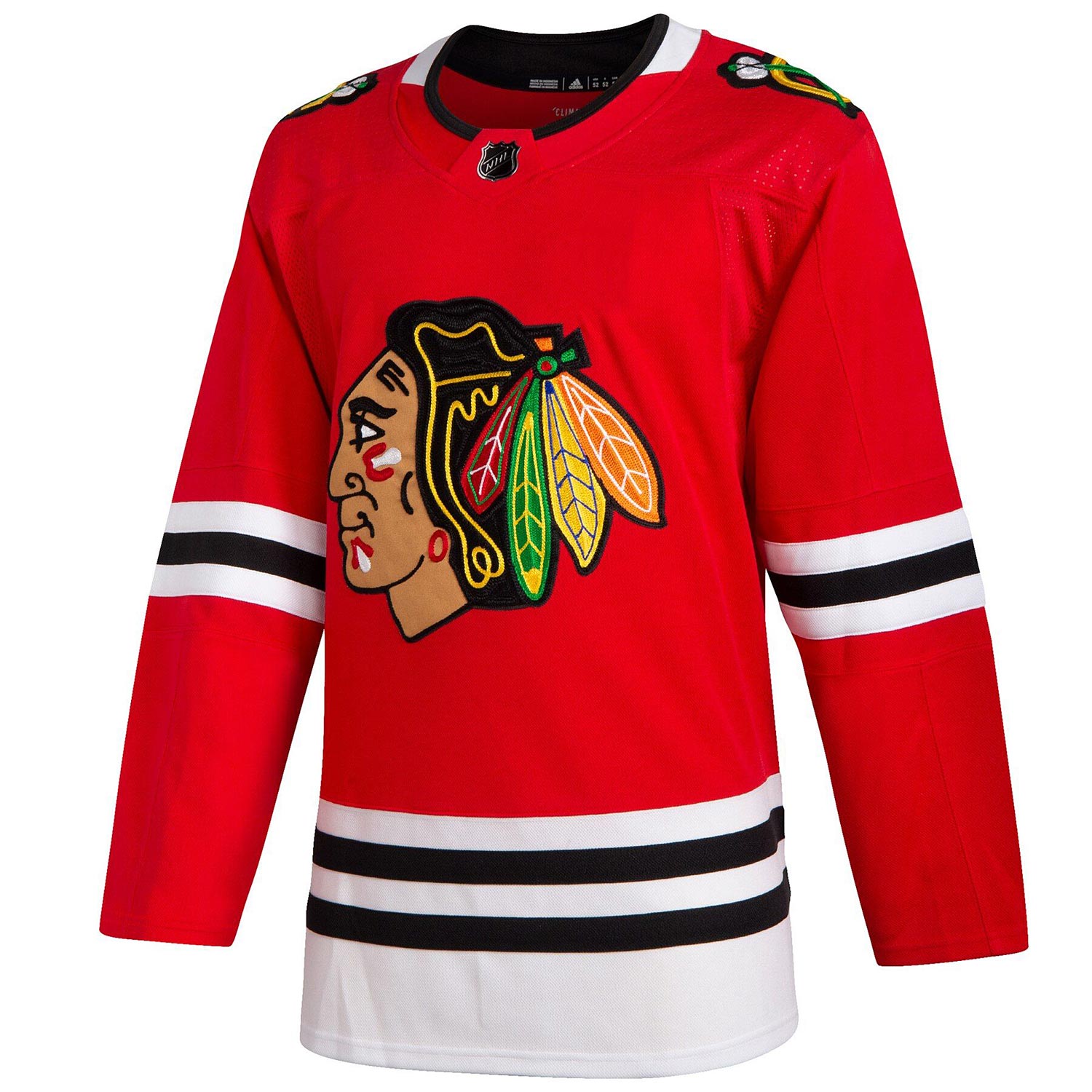 The front of a red authentic Chicago Blackhawks jersey for sale at Gunzo's in Chicago